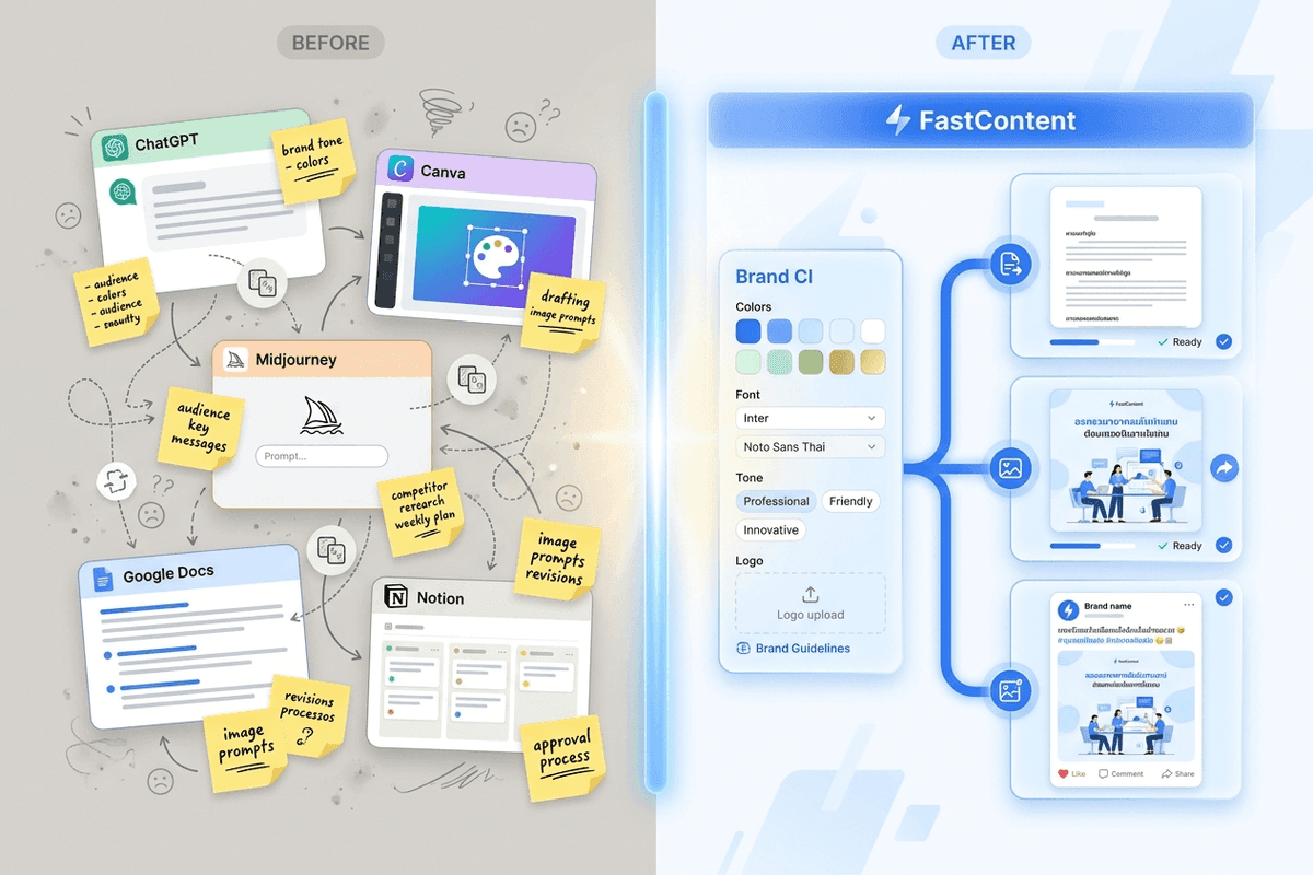 เปรียบเทียบการใช้เครื่องมือ AI หลายตัวกระจัดกระจายกับ FastContent แพลตฟอร์มเดียวที่รวม brand CI บทความ รูปโฆษณา และแคปชั่นไว้ด้วยกัน