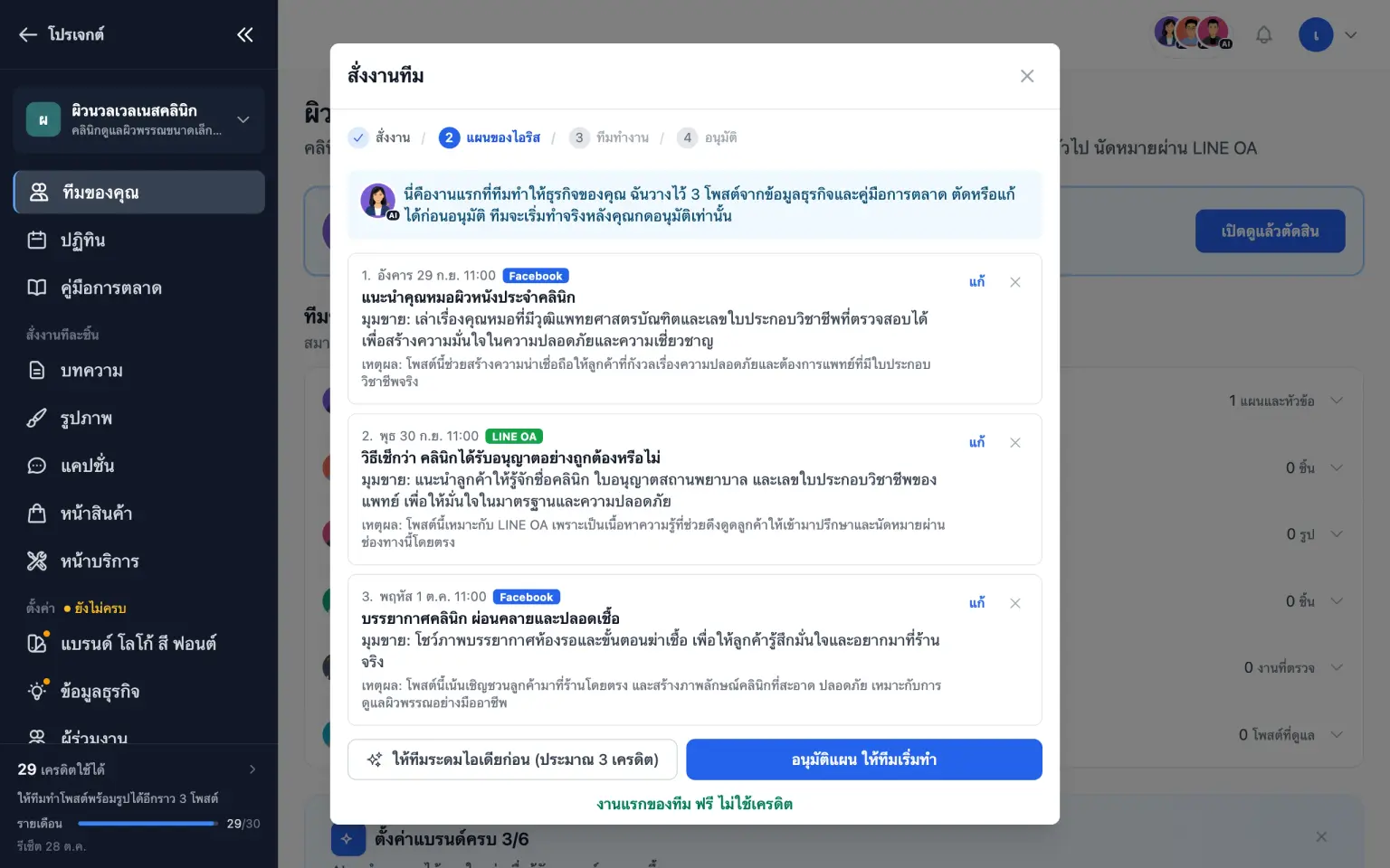 แผนงานแรกที่ไอริสวางให้คลินิกผิวพรรณตัวอย่าง "ผิวนวลเวลเนสคลินิก" 3 โพสต์ พร้อมวัน ช่องทาง และเหตุผล รอเจ้าของอนุมัติ