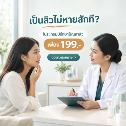 รูปโปรโมชัน Facebook ที่มาร์โกทำให้คลินิกผิวพรรณตัวอย่าง "ผิวนวลเวลเนสคลินิก" เรื่อง โปรค่าปรึกษาแพทย์เรื่องสิวครั้งแรก 199 บาท