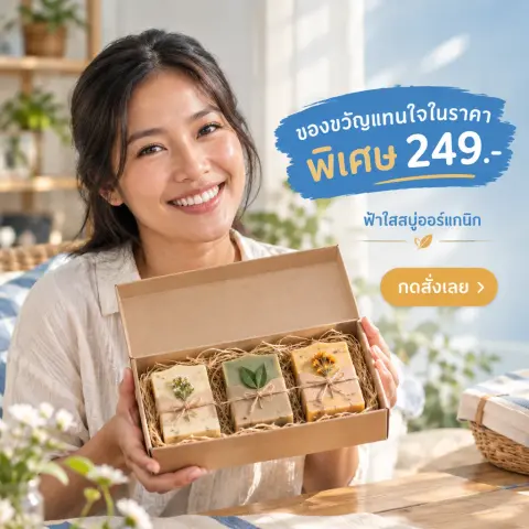 รูปโปรโมชัน Facebook ที่มาร์โกทำให้ร้านออนไลน์ตัวอย่าง "ฟ้าใสสบู่ออร์แกนิก" เรื่อง ชุดของขวัญสบู่ทำมือ 3 ก้อน ราคา 249 บาท ส่งฟรีทั้งเดือนนี้